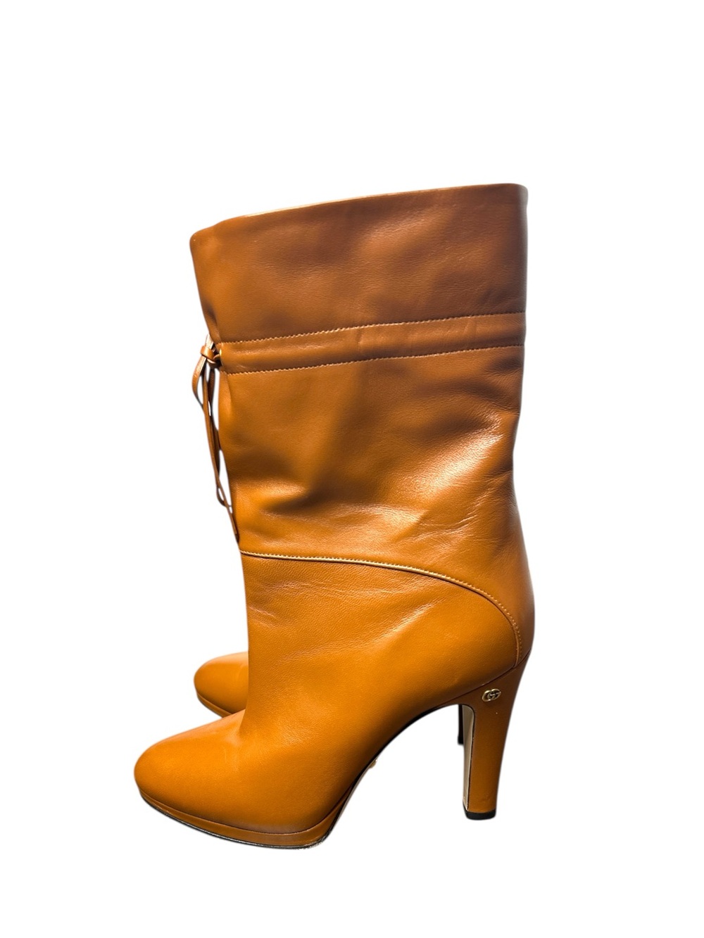 Gucci Leather Mid-Calf Boots Cognac Brown Heeled Boots Size 38 Luxury Designer